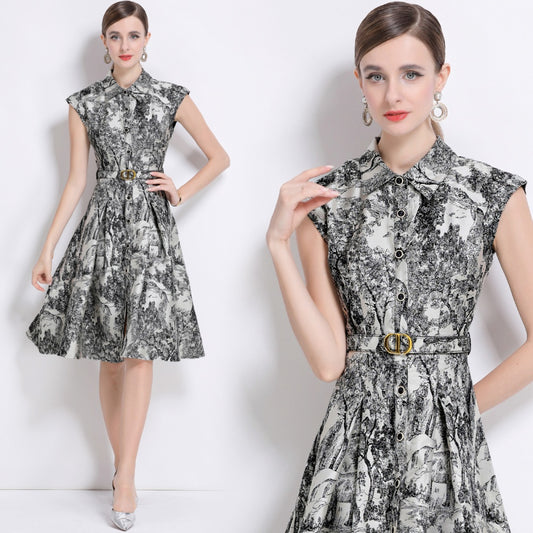 CM-DY044507 Women Elegant European Style Collar Neckline Sleeveless Single-Breasted Jacquard Belted Dress