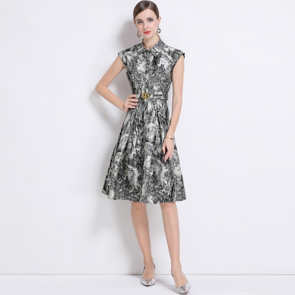 CM-DY044507 Women Elegant European Style Collar Neckline Sleeveless Single-Breasted Jacquard Belted Dress