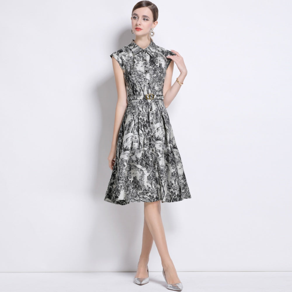 CM-DY044507 Women Elegant European Style Collar Neckline Sleeveless Single-Breasted Jacquard Belted Dress