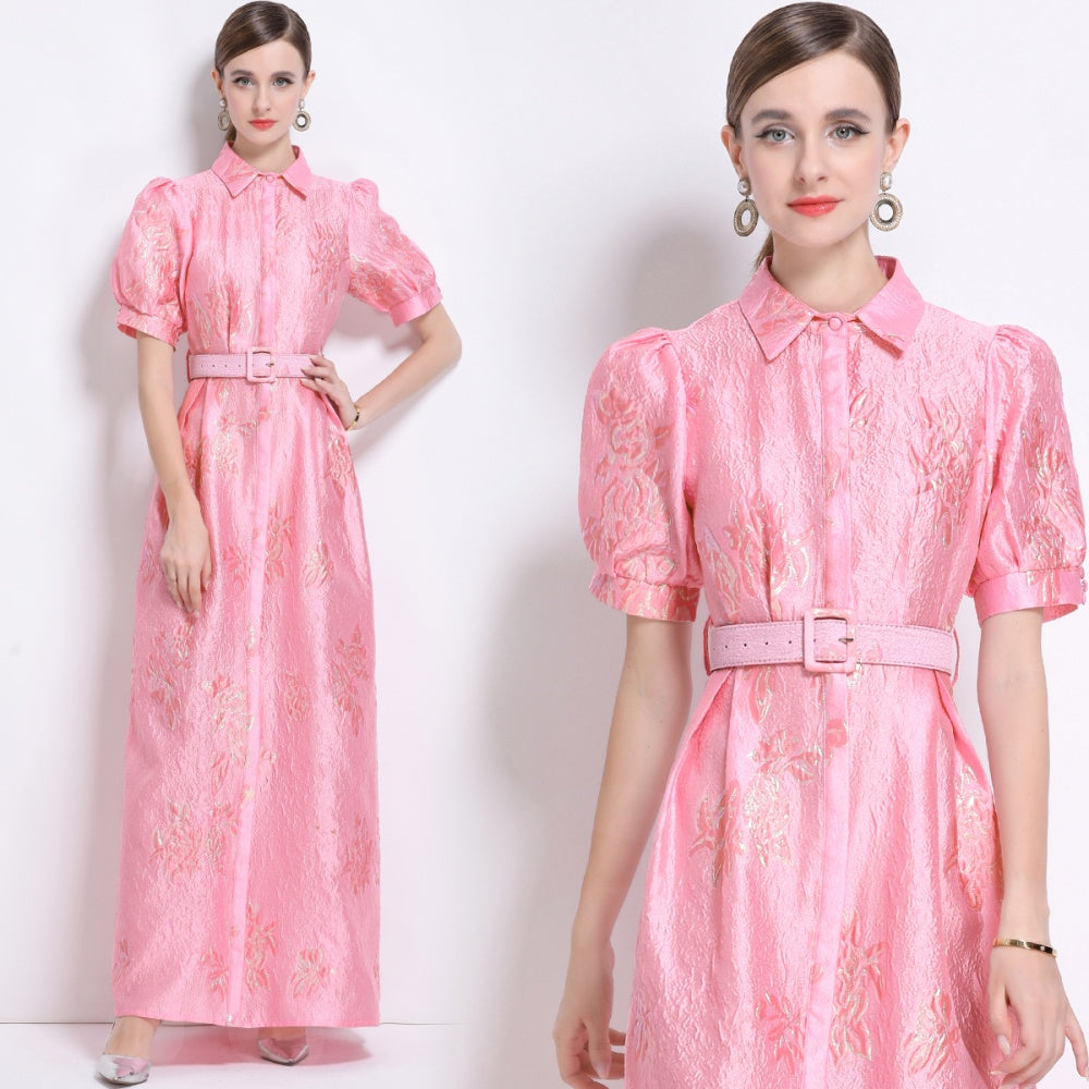 CM-DY044508 Women Elegant European Style Polo Collar Short Sleeve Jacquard Long Dress - Pink