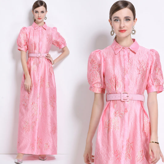 CM-DY044508 Women Elegant European Style Polo Collar Short Sleeve Jacquard Long Dress - Pink