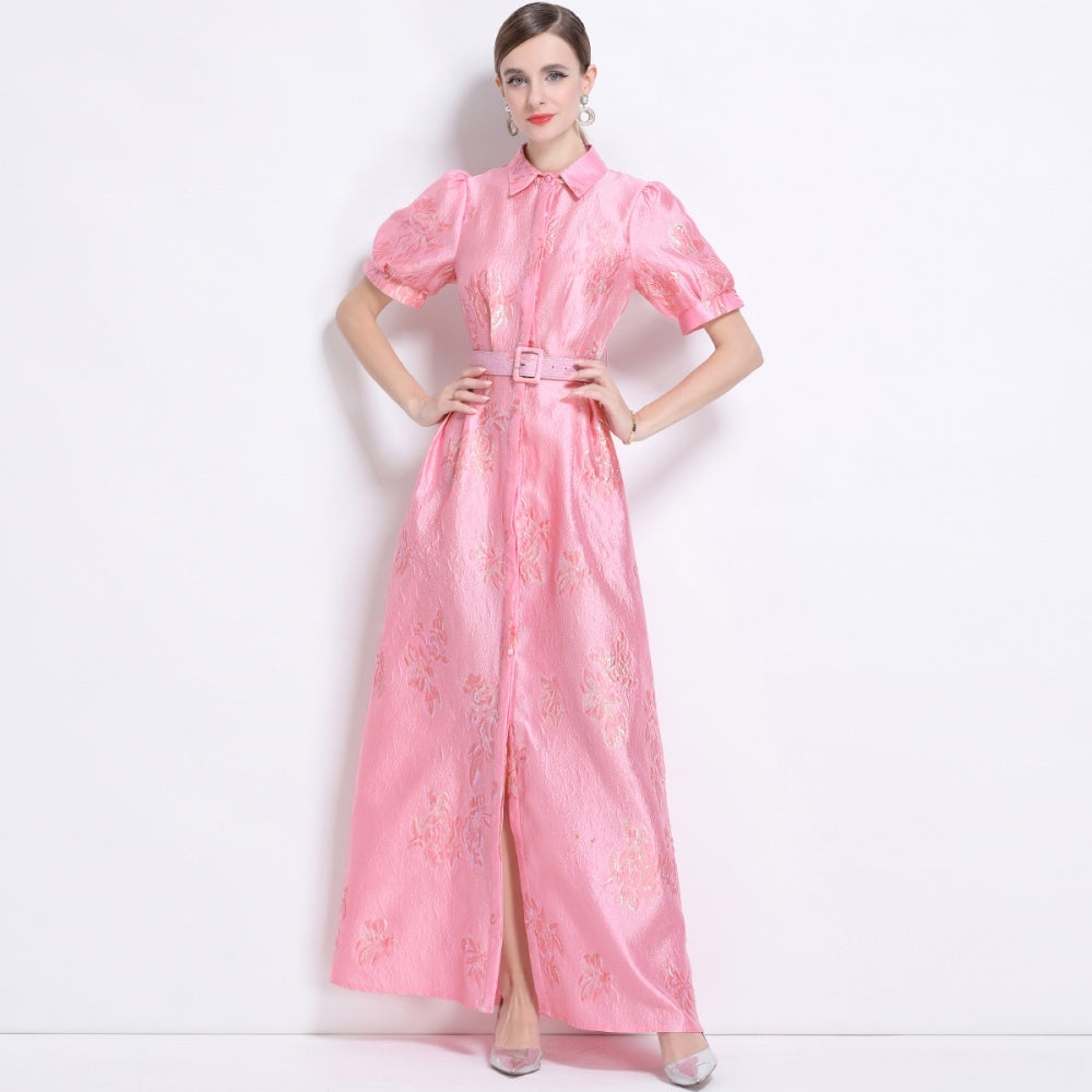 CM-DY044508 Women Elegant European Style Polo Collar Short Sleeve Jacquard Long Dress - Pink