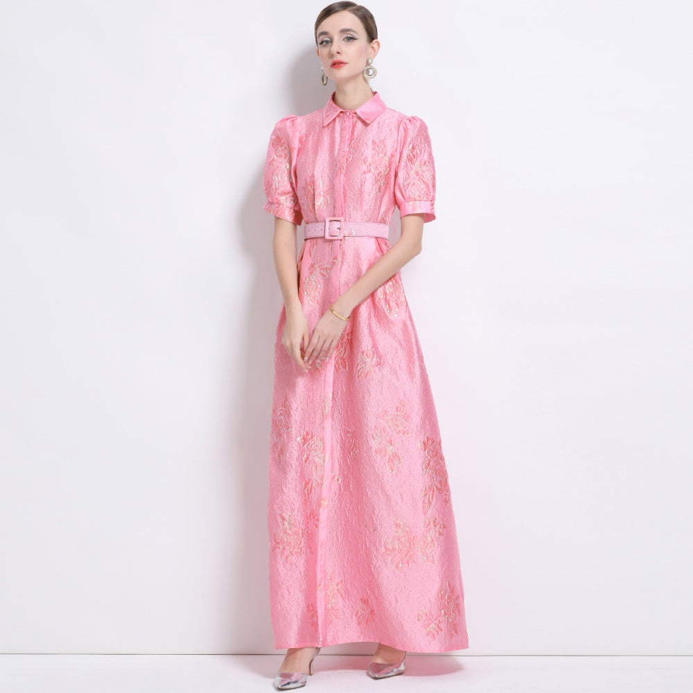 CM-DY044508 Women Elegant European Style Polo Collar Short Sleeve Jacquard Long Dress - Pink
