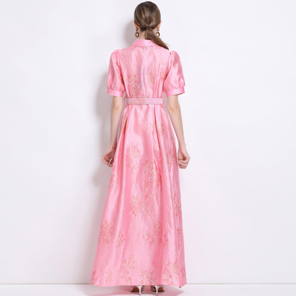 CM-DY044508 Women Elegant European Style Polo Collar Short Sleeve Jacquard Long Dress - Pink