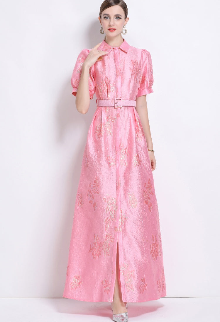CM-DY044508 Women Elegant European Style Polo Collar Short Sleeve Jacquard Long Dress - Pink