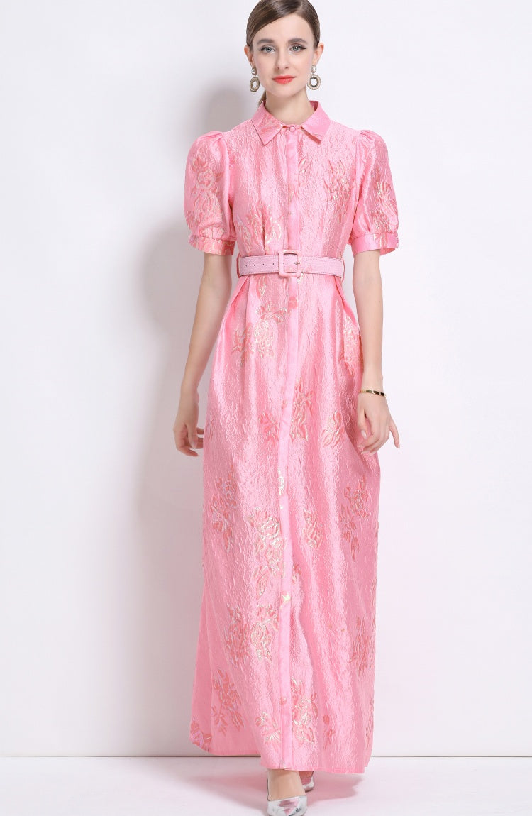 CM-DY044508 Women Elegant European Style Polo Collar Short Sleeve Jacquard Long Dress - Pink