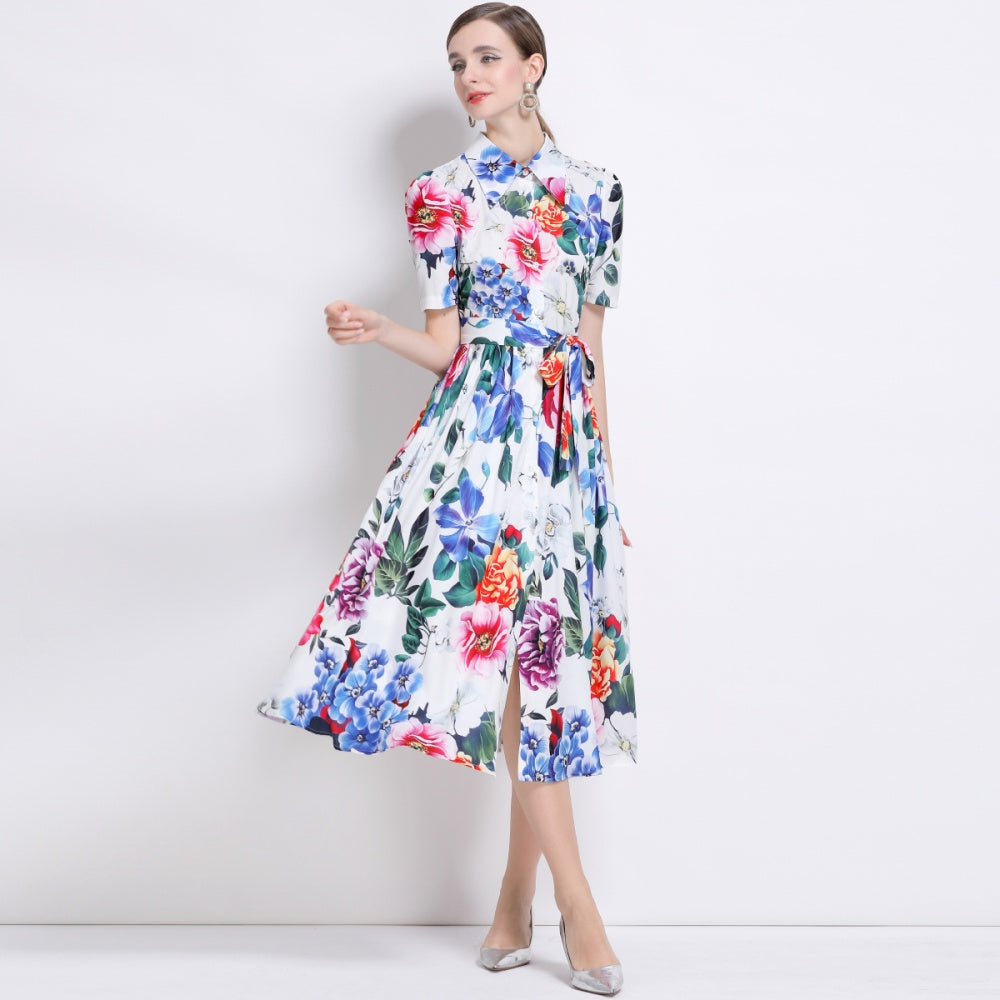 CM-DY044509 Women Elegant European Style Lapel Neckline Sleeveless Gauze Mid-Length Dress