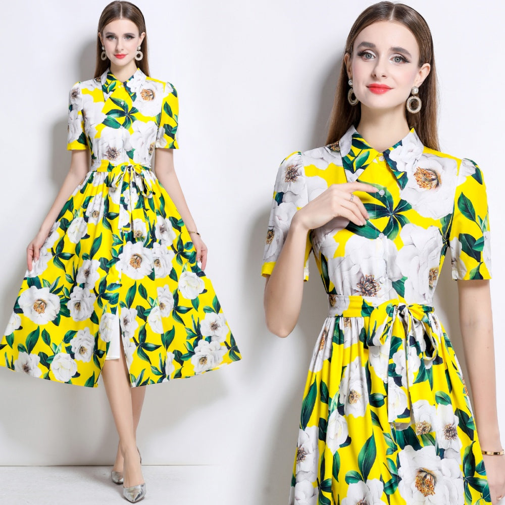 CM-DY044510 Women Elegant European Style Collar Neckline Short Sleeve Mid-Length Dress - Yellow