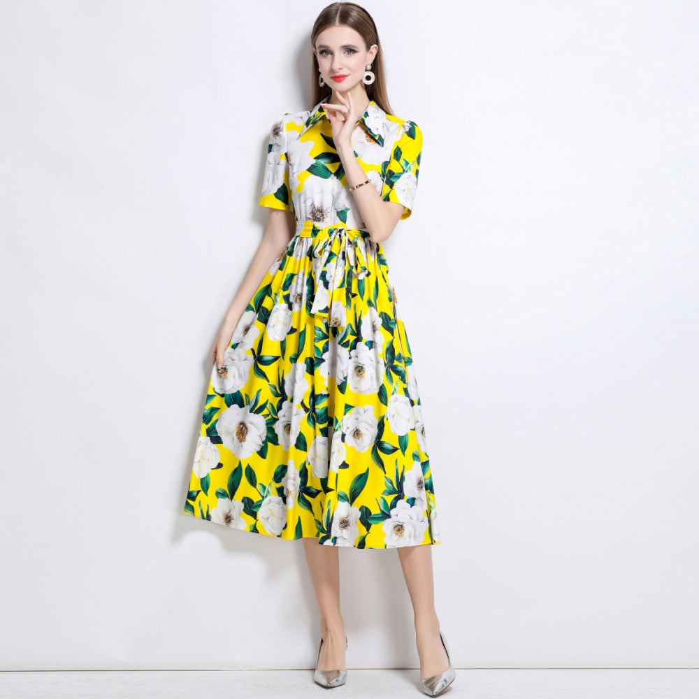 CM-DY044510 Women Elegant European Style Collar Neckline Short Sleeve Mid-Length Dress - Yellow