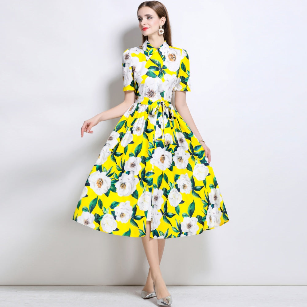 CM-DY044510 Women Elegant European Style Collar Neckline Short Sleeve Mid-Length Dress - Yellow