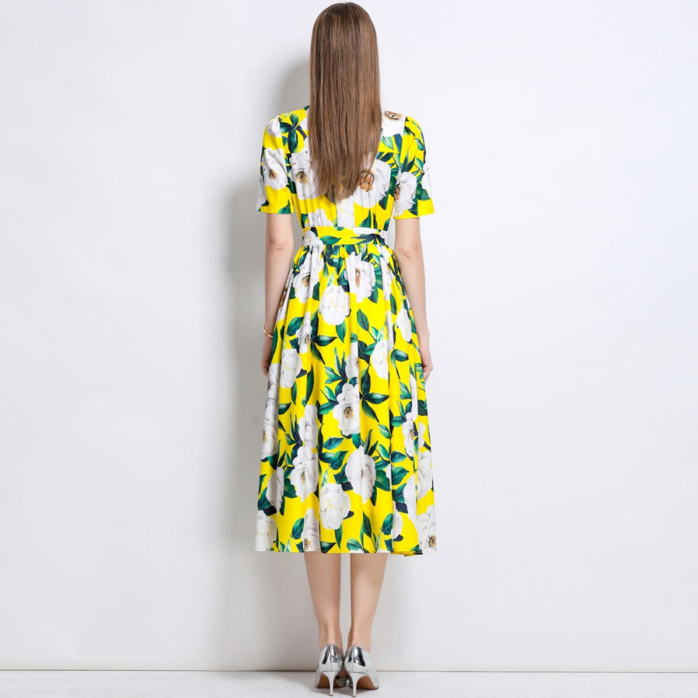 CM-DY044510 Women Elegant European Style Collar Neckline Short Sleeve Mid-Length Dress - Yellow