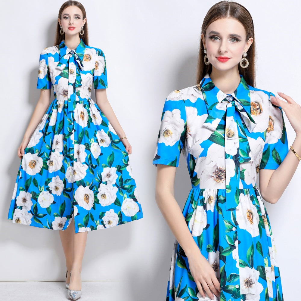 CM-DY044511 Women Elegant European Style Lapel Neckline Short Sleeve Mid-Length Dress - Blue