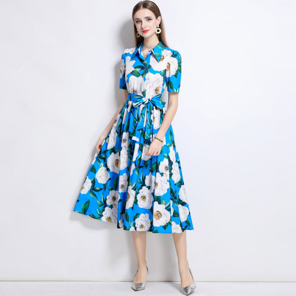 CM-DY044511 Women Elegant European Style Lapel Neckline Short Sleeve Mid-Length Dress - Blue