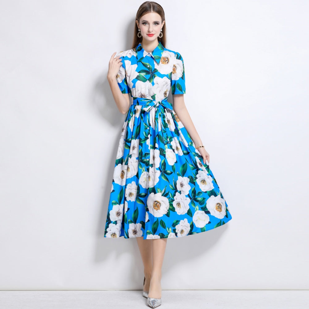 CM-DY044511 Women Elegant European Style Lapel Neckline Short Sleeve Mid-Length Dress - Blue