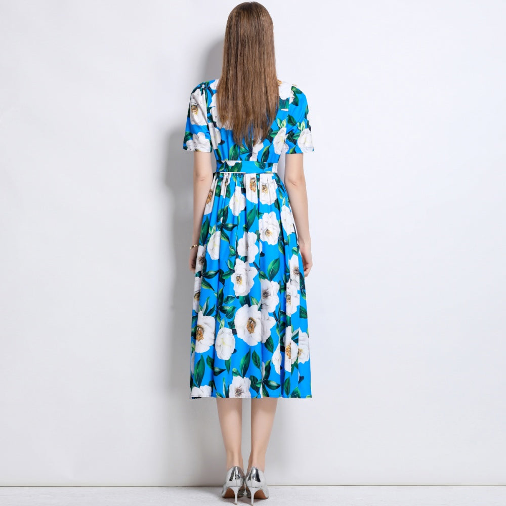 CM-DY044511 Women Elegant European Style Lapel Neckline Short Sleeve Mid-Length Dress - Blue