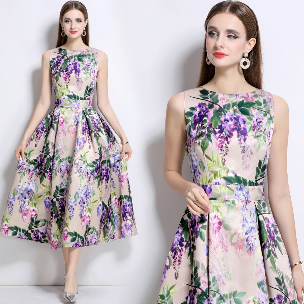 CM-DY044512 Women Elegant European Style Round Neck Sleeveless High Waist A-Line Dress