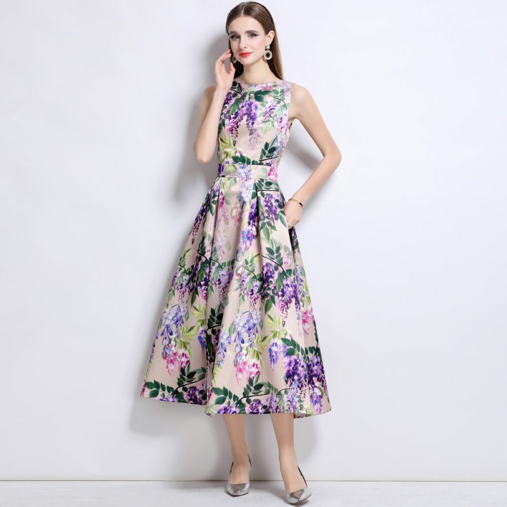 CM-DY044512 Women Elegant European Style Round Neck Sleeveless High Waist A-Line Dress