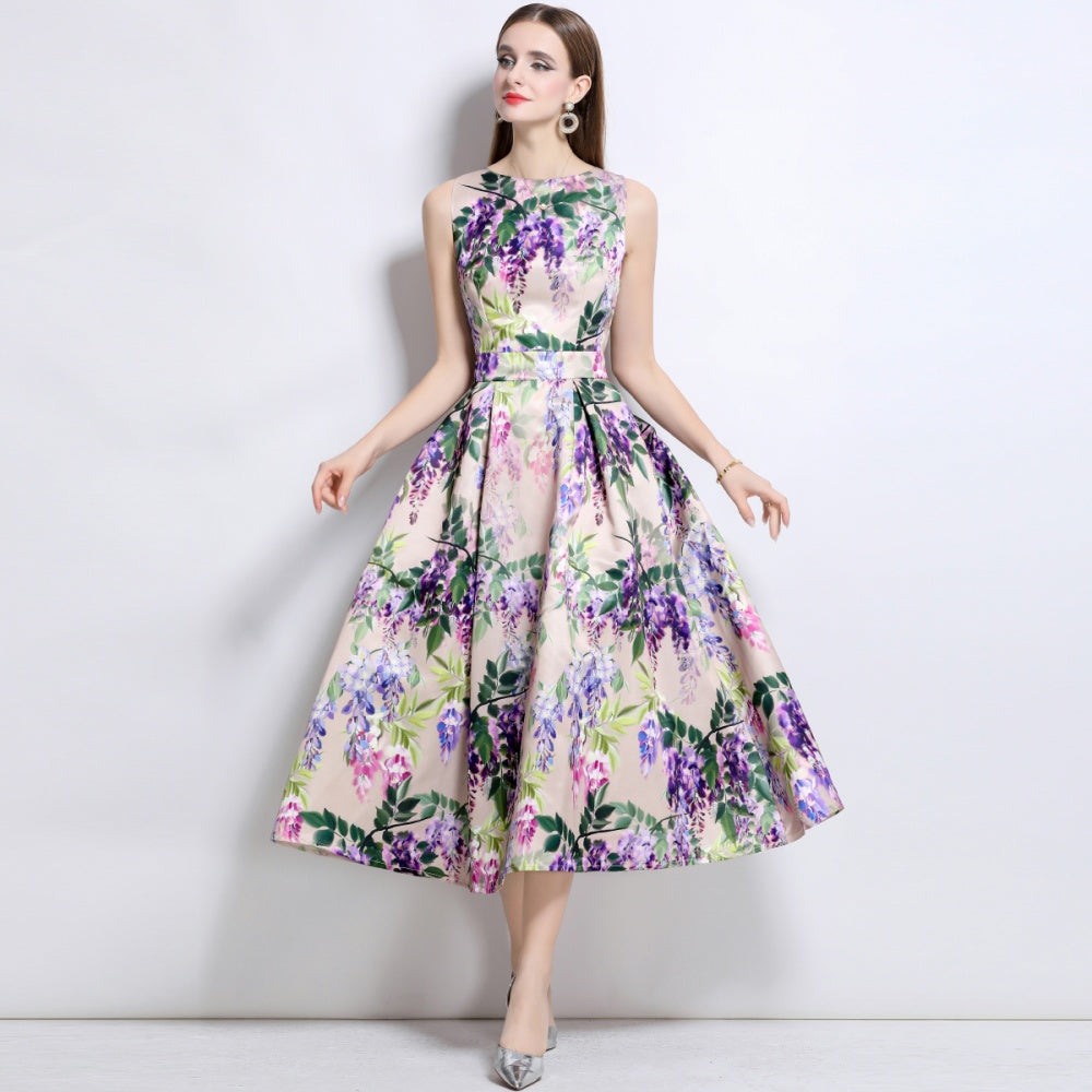 CM-DY044512 Women Elegant European Style Round Neck Sleeveless High Waist A-Line Dress