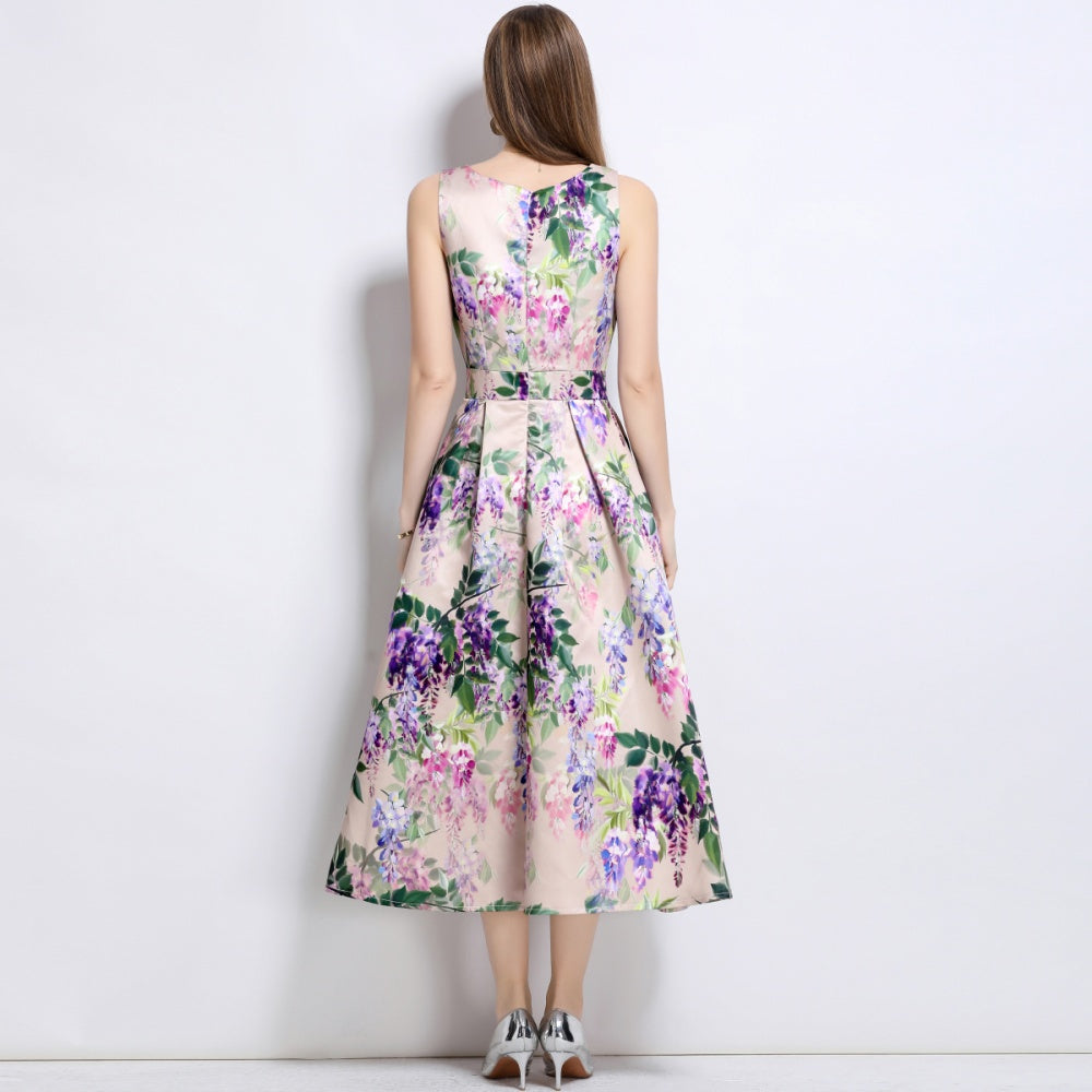 CM-DY044512 Women Elegant European Style Round Neck Sleeveless High Waist A-Line Dress