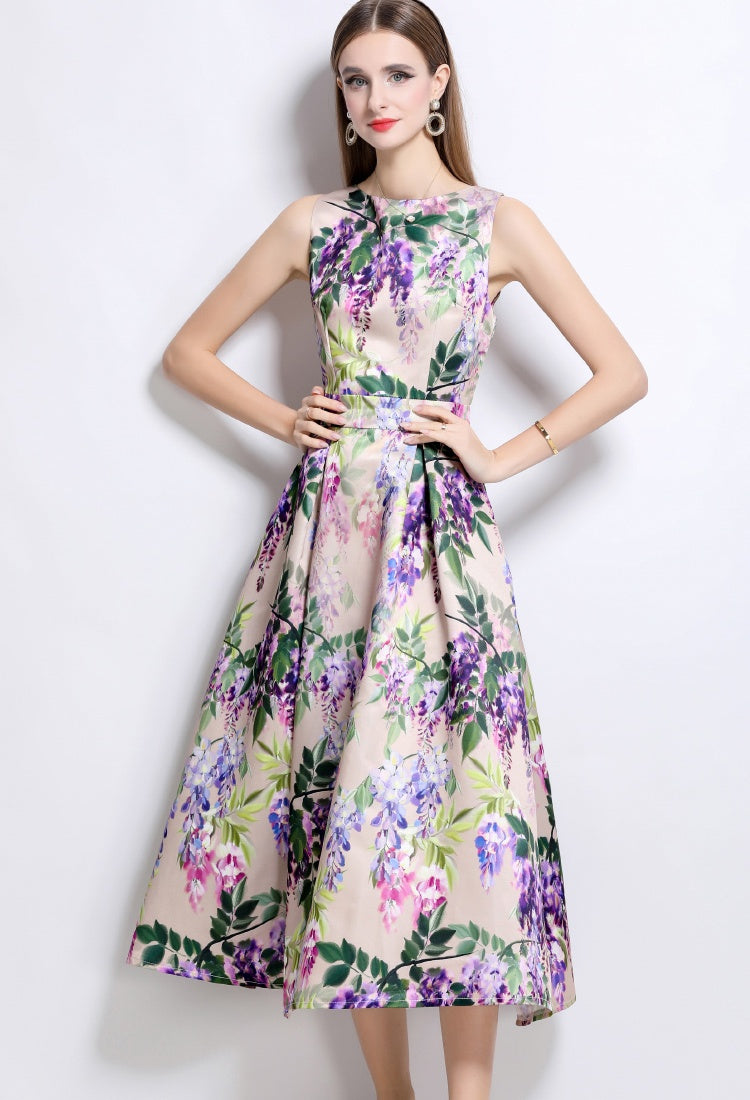CM-DY044512 Women Elegant European Style Round Neck Sleeveless High Waist A-Line Dress