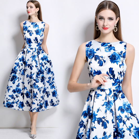CM-DY044513 Women Elegant European Style Round Neck Sleeveless High Waist A-Line Dress