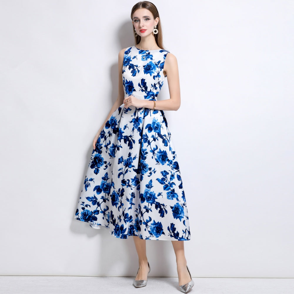 CM-DY044513 Women Elegant European Style Round Neck Sleeveless High Waist A-Line Dress