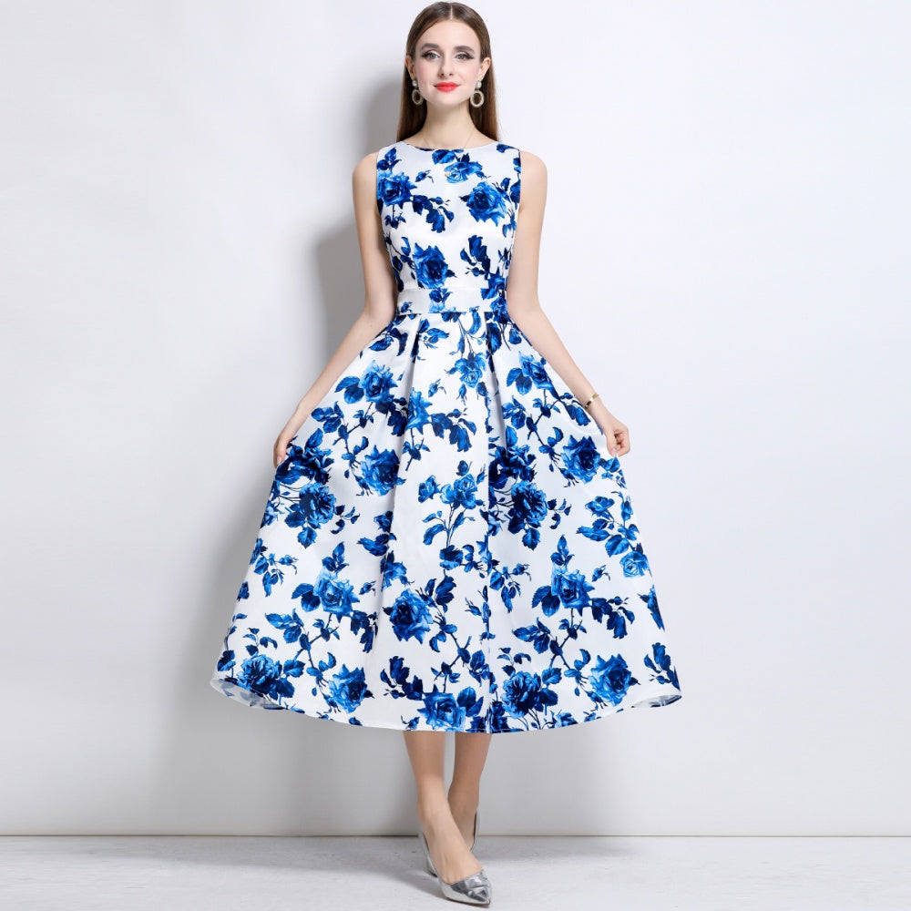 CM-DY044513 Women Elegant European Style Round Neck Sleeveless High Waist A-Line Dress