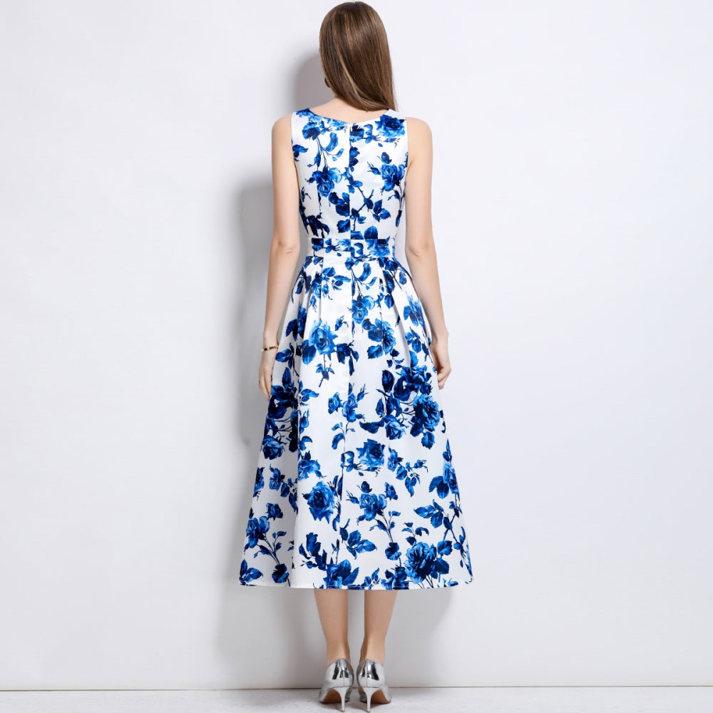 CM-DY044513 Women Elegant European Style Round Neck Sleeveless High Waist A-Line Dress