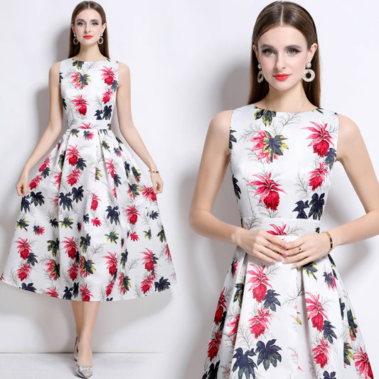 CM-DY044514 Women Elegant European Style Round Neck Sleeveless High Waist A-Line Dress