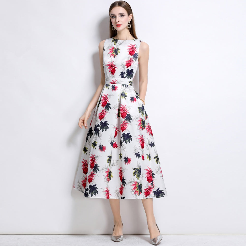 CM-DY044514 Women Elegant European Style Round Neck Sleeveless High Waist A-Line Dress
