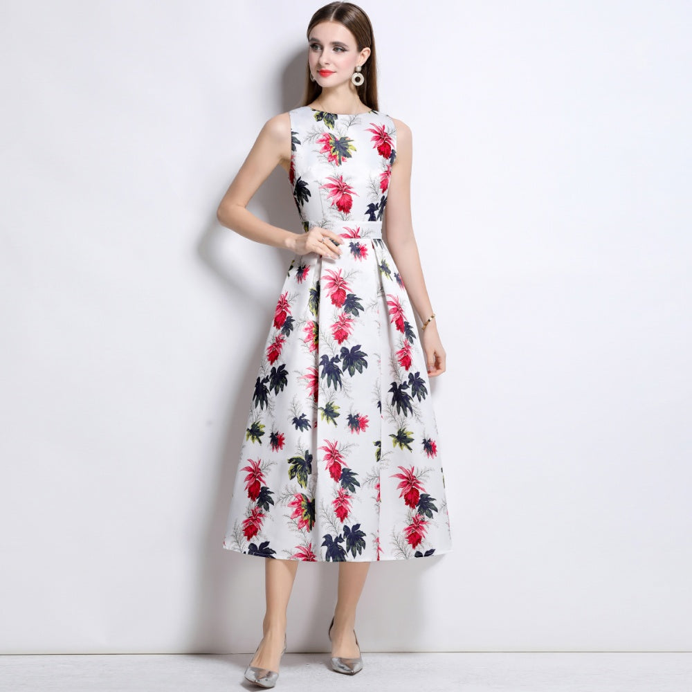 CM-DY044514 Women Elegant European Style Round Neck Sleeveless High Waist A-Line Dress