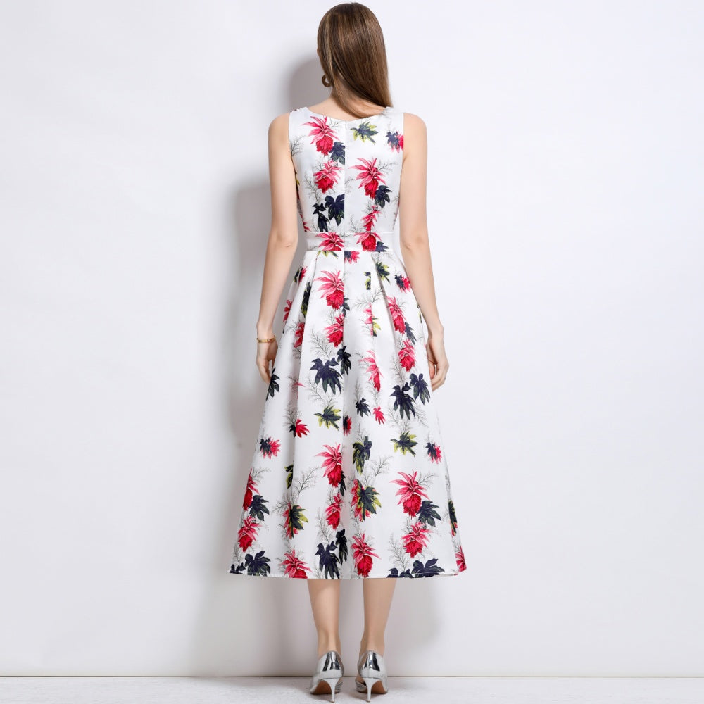 CM-DY044514 Women Elegant European Style Round Neck Sleeveless High Waist A-Line Dress