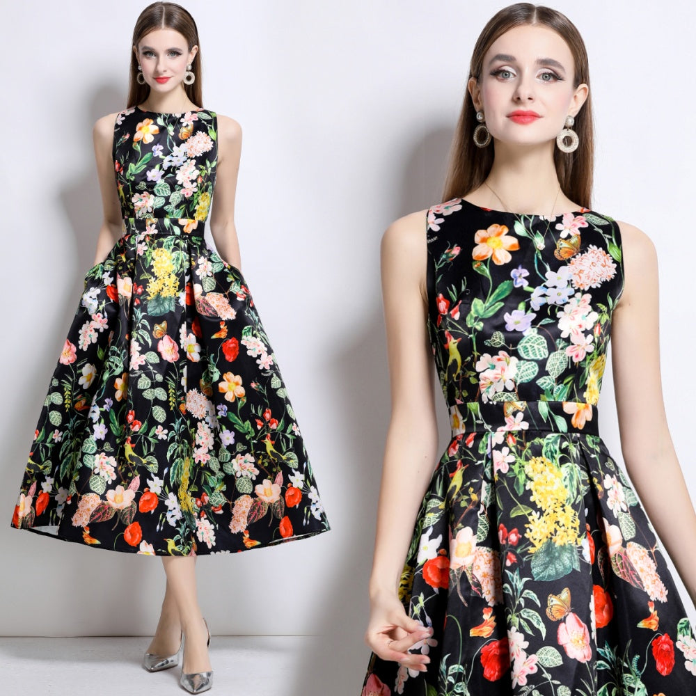 CM-DY044515 Women Elegant European Style Round Neck Sleeveless High Waist A-Line Dress