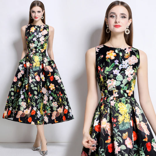 CM-DY044515 Women Elegant European Style Round Neck Sleeveless High Waist A-Line Dress