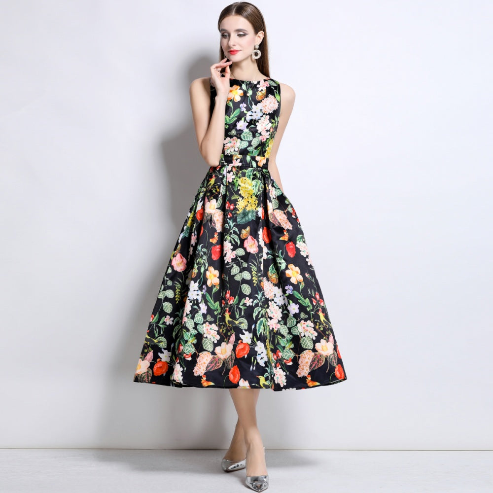 CM-DY044515 Women Elegant European Style Round Neck Sleeveless High Waist A-Line Dress