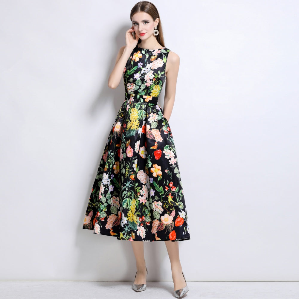 CM-DY044515 Women Elegant European Style Round Neck Sleeveless High Waist A-Line Dress