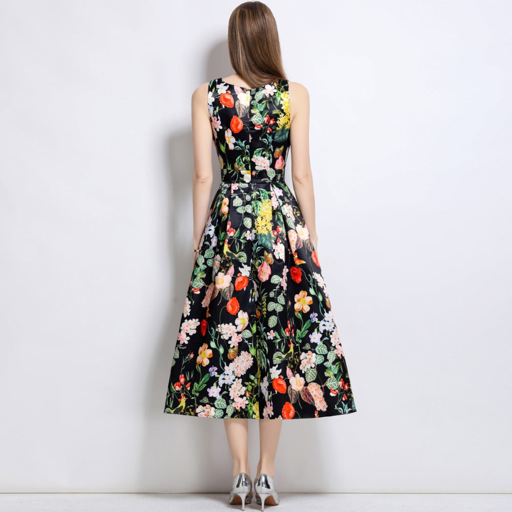 CM-DY044515 Women Elegant European Style Round Neck Sleeveless High Waist A-Line Dress