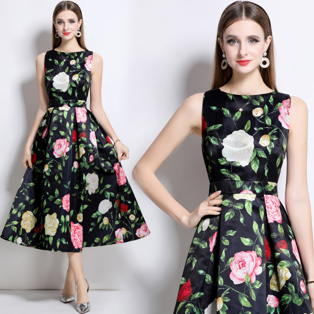 CM-DY044516 Women Elegant European Style Round Neck Sleeveless High Waist A-Line Dress