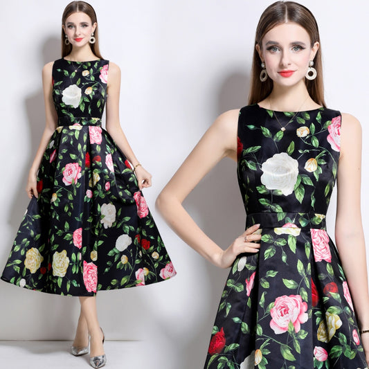 CM-DY044516 Women Elegant European Style Round Neck Sleeveless High Waist A-Line Dress