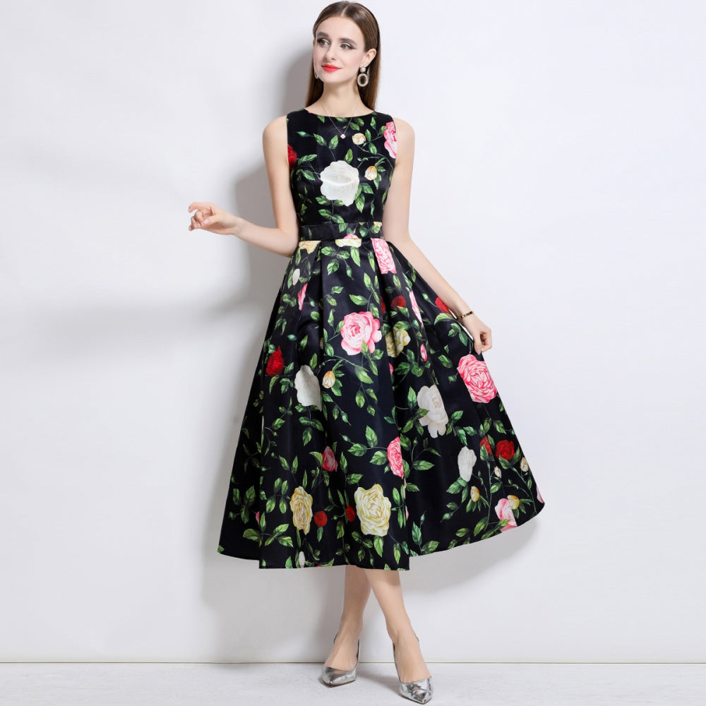 CM-DY044516 Women Elegant European Style Round Neck Sleeveless High Waist A-Line Dress