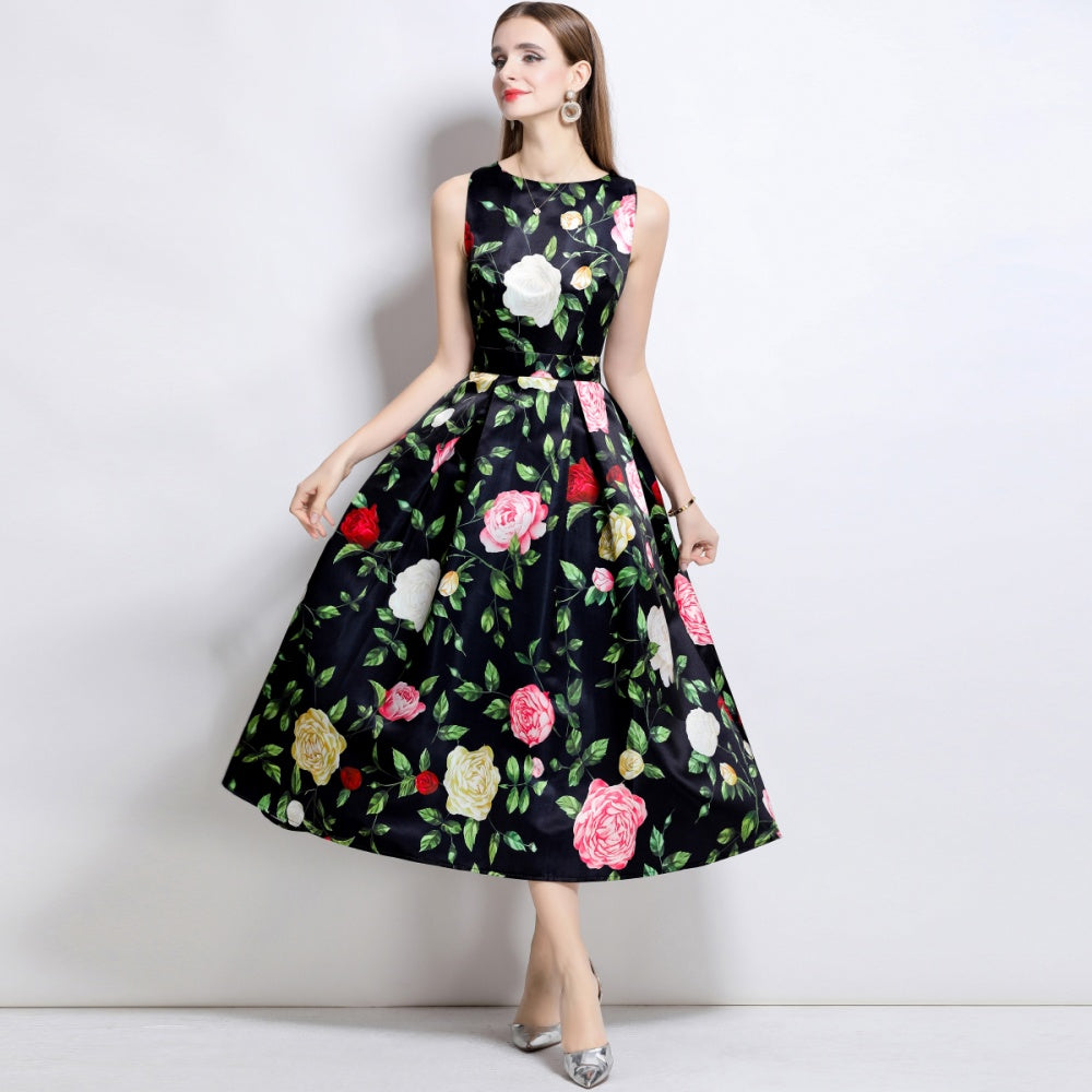 CM-DY044516 Women Elegant European Style Round Neck Sleeveless High Waist A-Line Dress