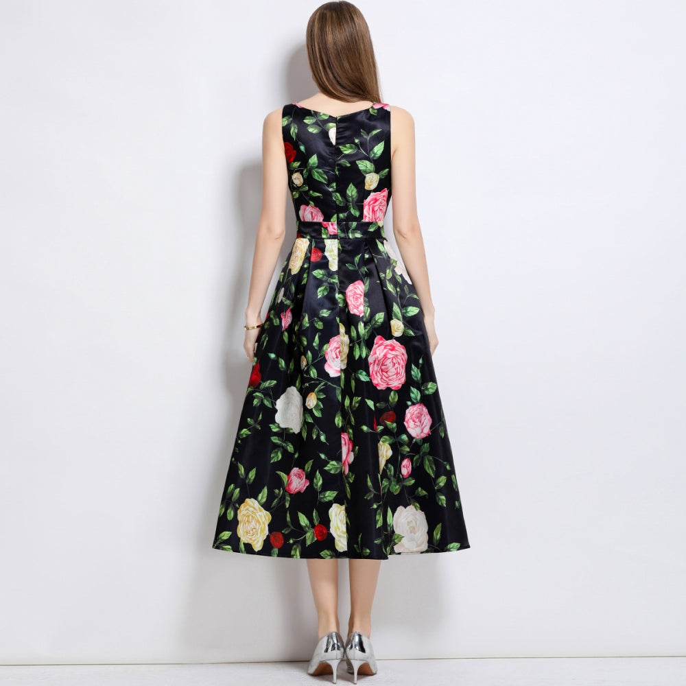 CM-DY044516 Women Elegant European Style Round Neck Sleeveless High Waist A-Line Dress