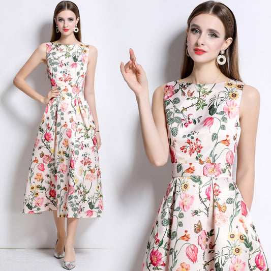 CM-DY044517 Women Elegant European Style Round Neck Sleeveless High Waist A-Line Dress