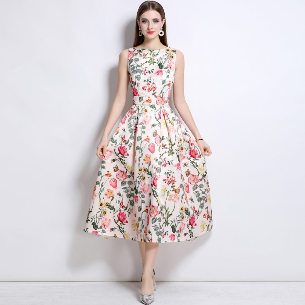 CM-DY044517 Women Elegant European Style Round Neck Sleeveless High Waist A-Line Dress