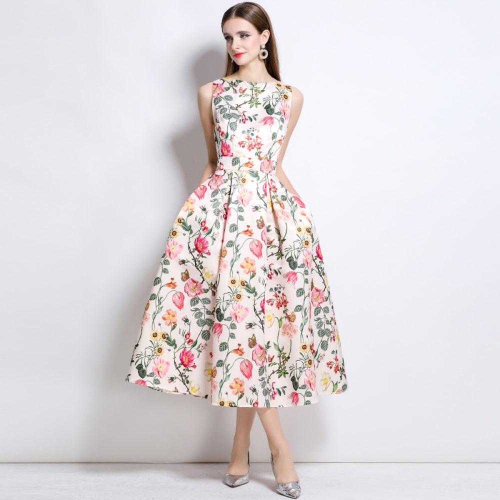CM-DY044517 Women Elegant European Style Round Neck Sleeveless High Waist A-Line Dress