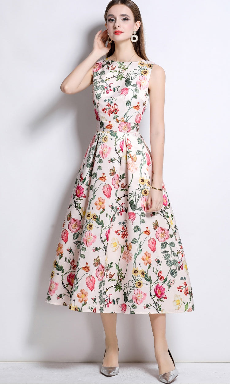 CM-DY044517 Women Elegant European Style Round Neck Sleeveless High Waist A-Line Dress