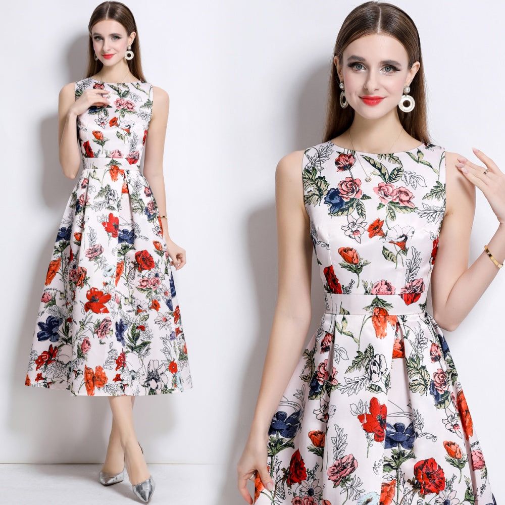 CM-DY044518 Women Elegant European Style Round Neck Sleeveless High Waist A-Line Dress