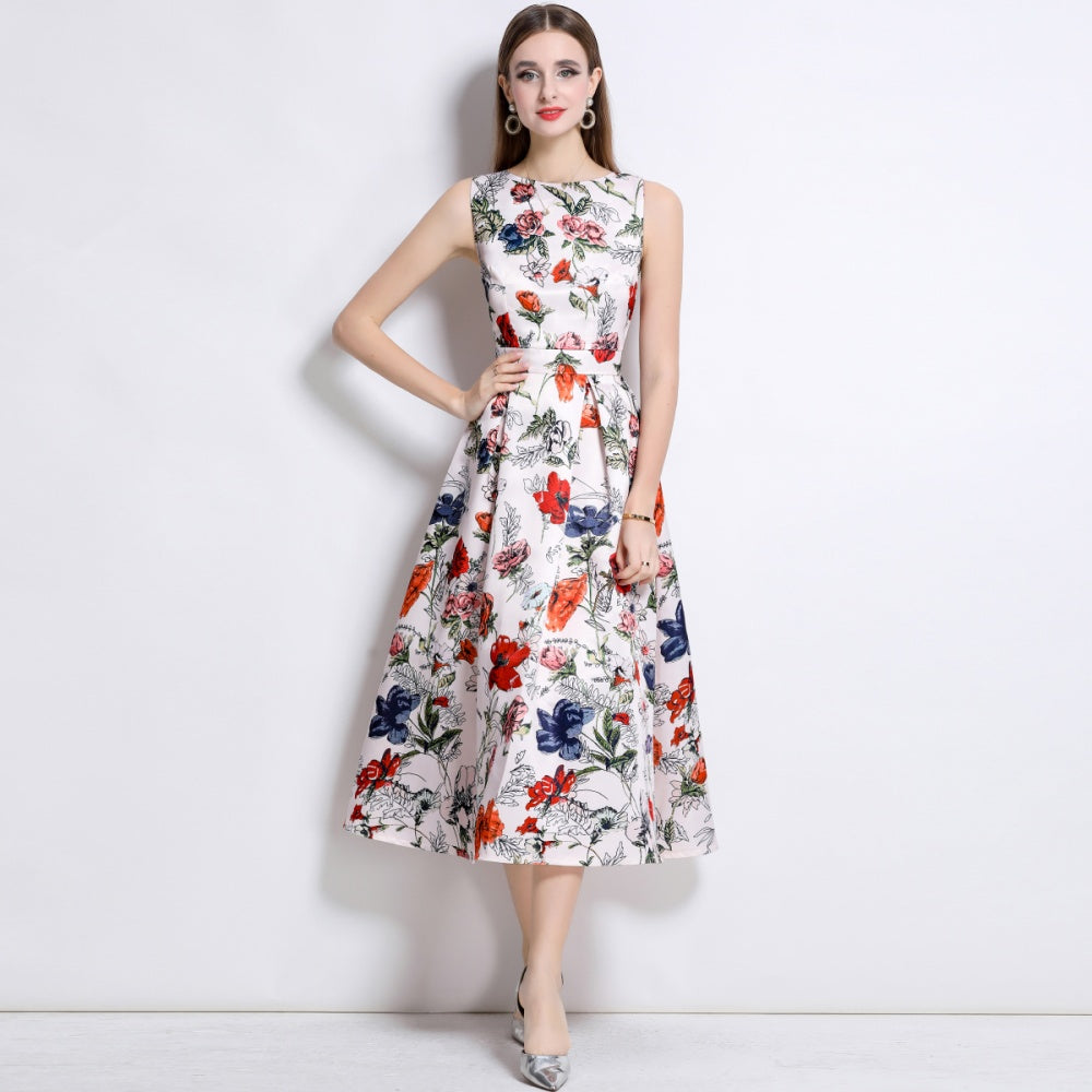 CM-DY044518 Women Elegant European Style Round Neck Sleeveless High Waist A-Line Dress