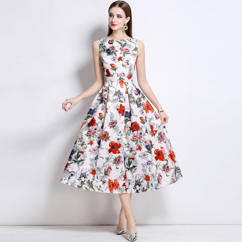 CM-DY044518 Women Elegant European Style Round Neck Sleeveless High Waist A-Line Dress