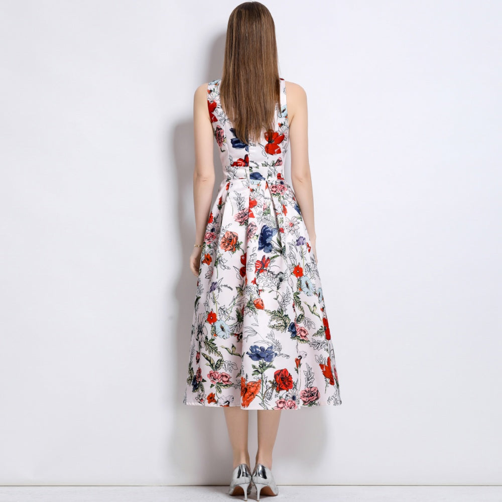 CM-DY044518 Women Elegant European Style Round Neck Sleeveless High Waist A-Line Dress
